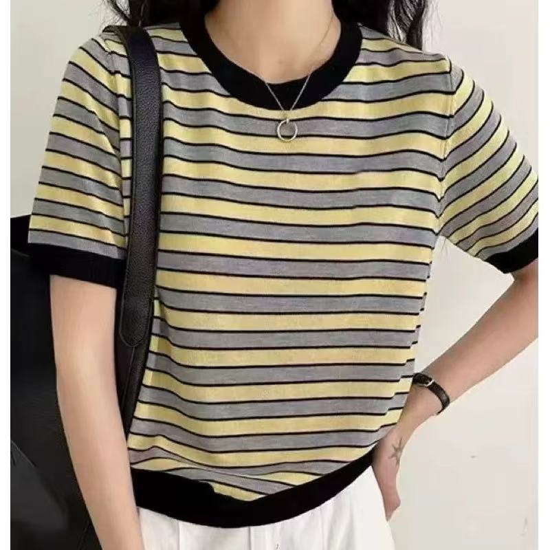 丽丽家~黄条短袖显瘦洋气百搭夏季宽松条纹圆领上衣444