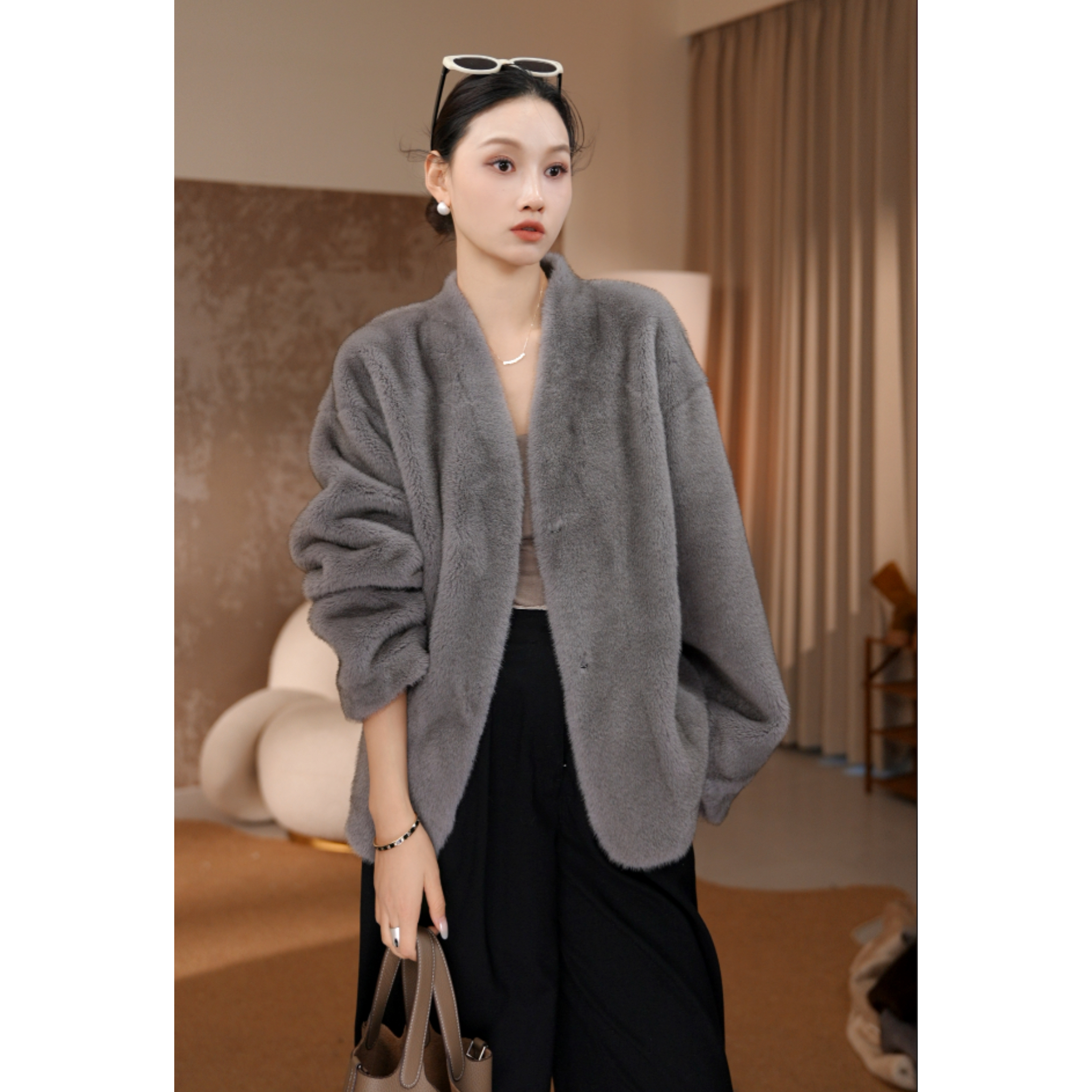 人造皮草 实穿主义慵懒感时尚老钱风短款仿皮毛一体厚毛毛外套661