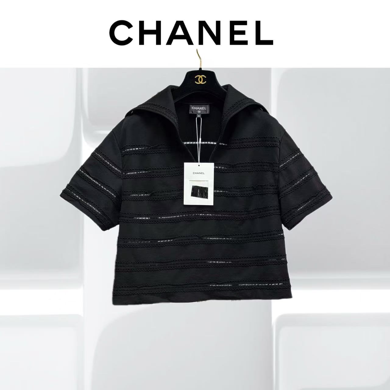 99新 Chanel/香奈儿 40码24M黑色蕾丝翻领短款上衣