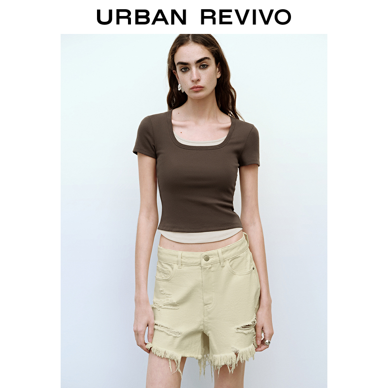 UR2025春季新款女装欧若风休闲撞色假两件修身短袖T恤UYY450061