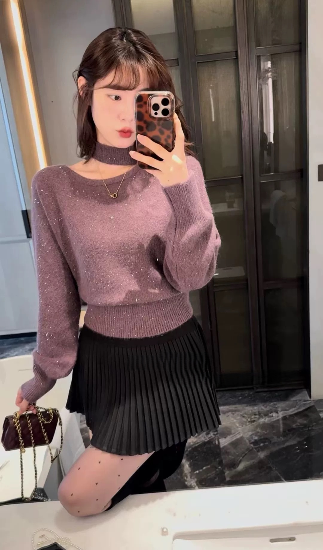 亮片细闪挂脖斜肩羊绒针织衫秋冬女软糯收腰保暖打底衫毛衣8017