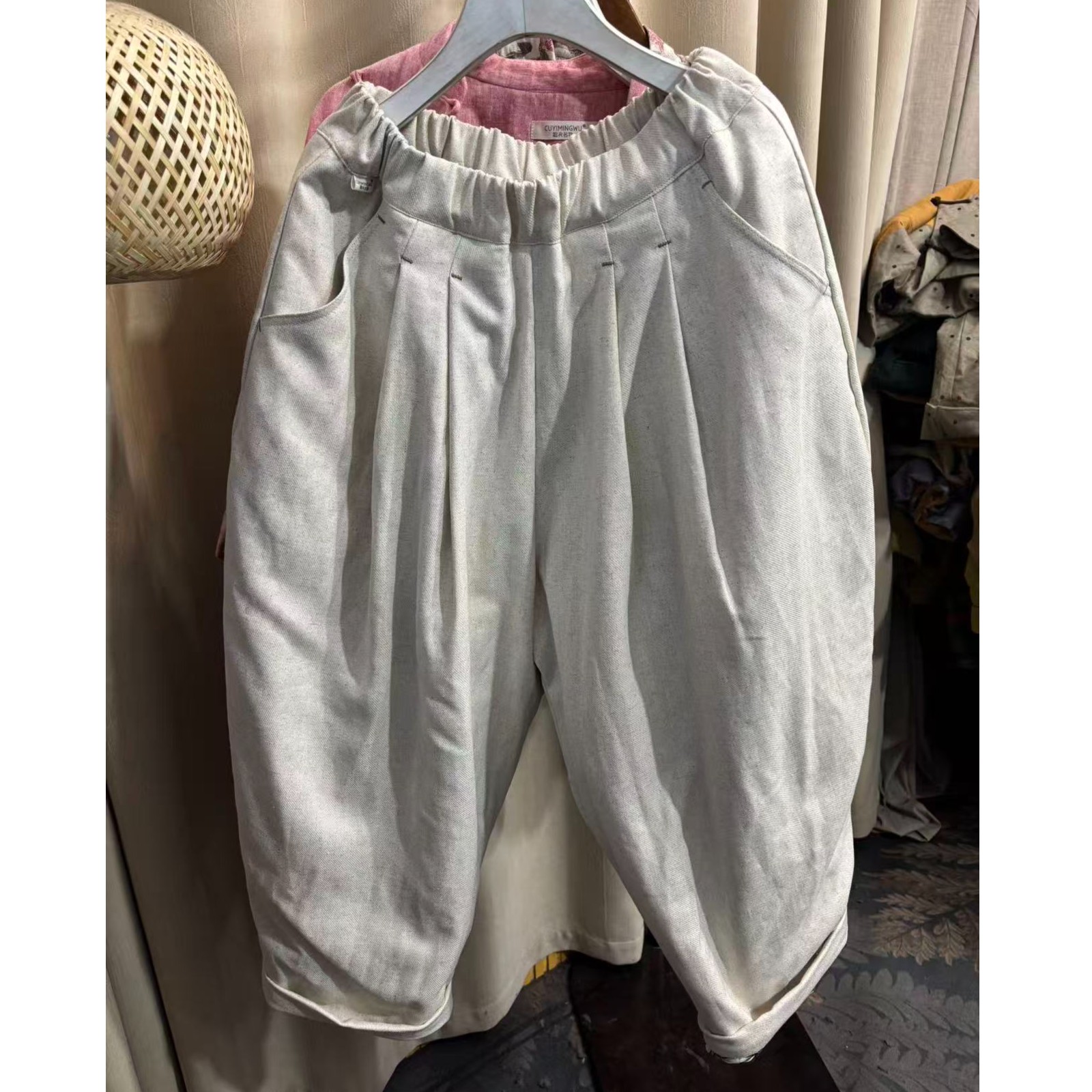 CUYIMINGWU/粗衣名物 黑色棉麻薄棉裤