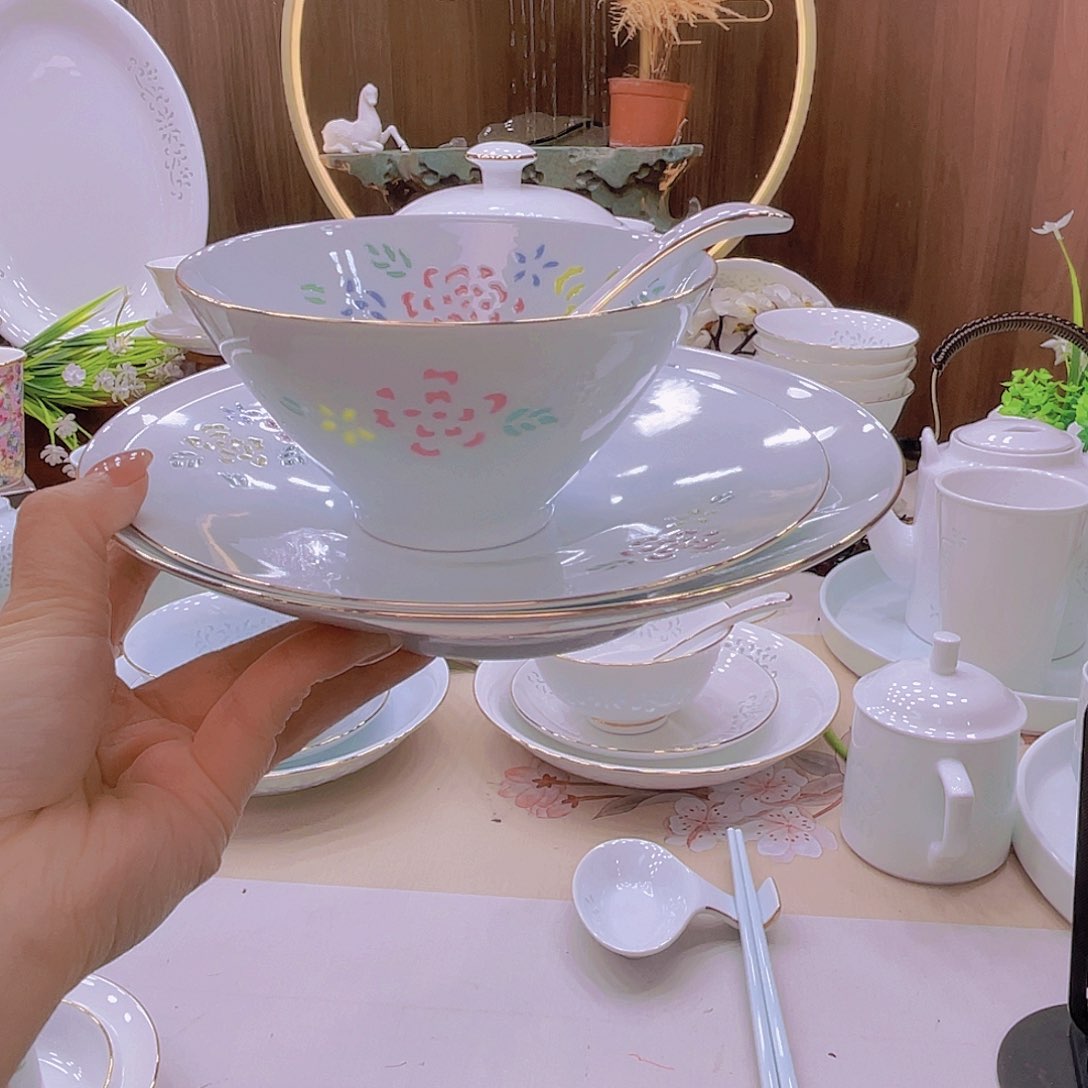瓷景德镇餐具五彩玲珑套装
