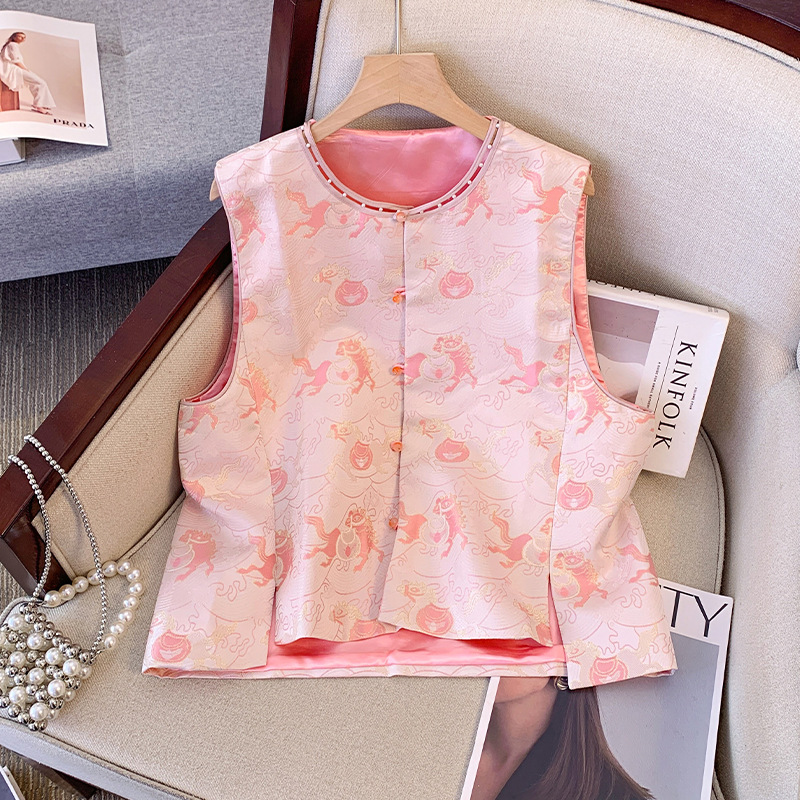 新中式百搭马甲秋季镂空甜美国风上衣背心女粉色甜美清新33603