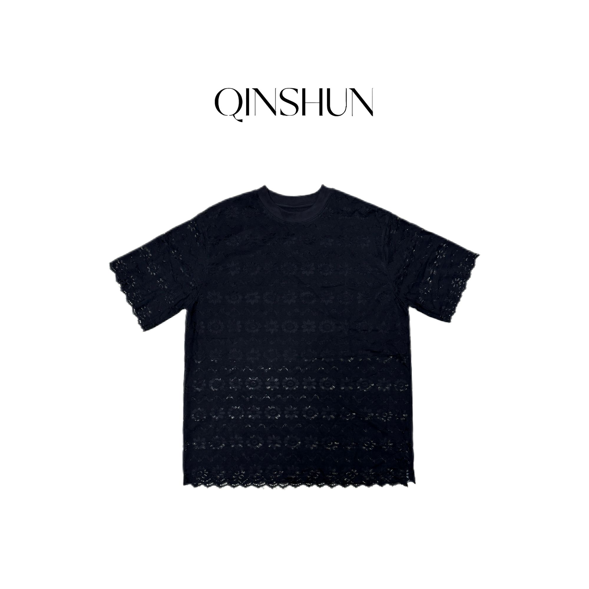 【芊姐 QINSHUN】夏季黑色高级感蕾丝短袖宽松上衣