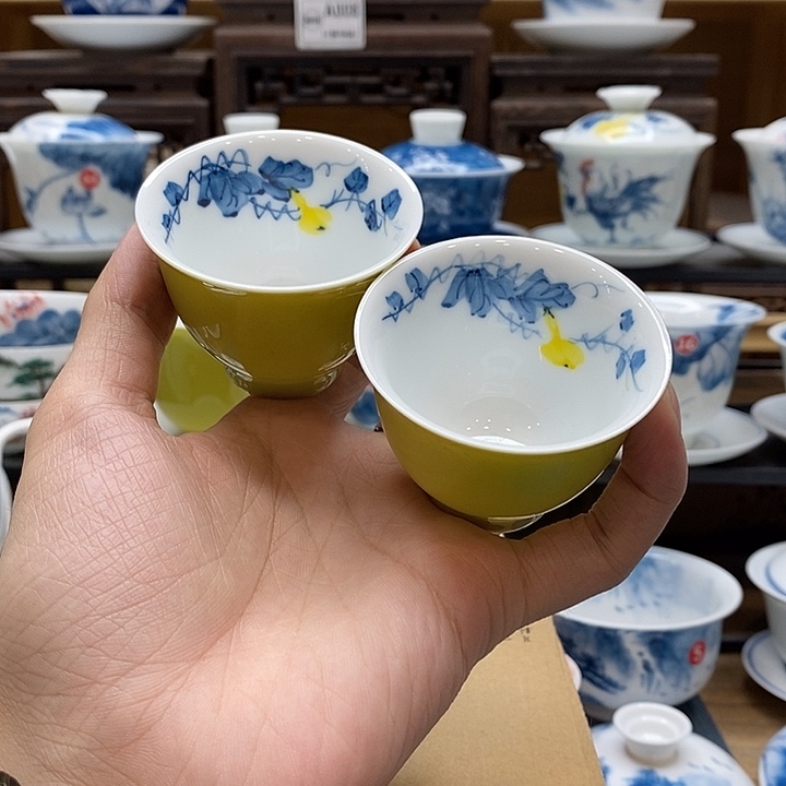 手绘2个装葫芦果杯子60cc釉下彩微瑕福利款
