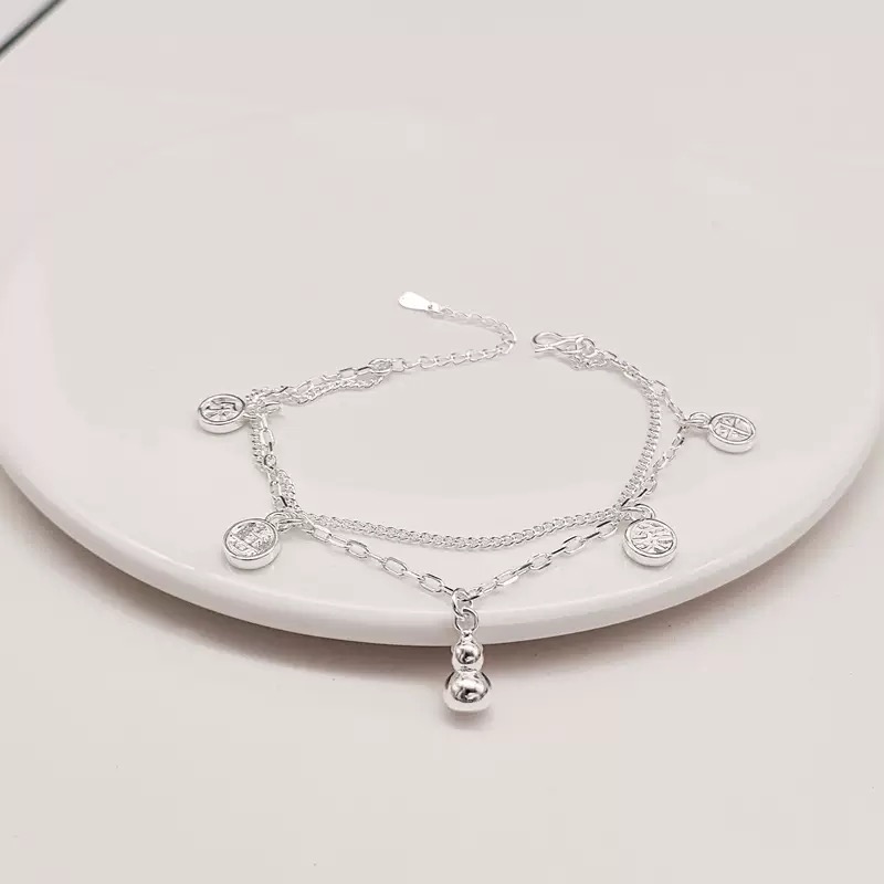 足银手链 平安喜乐葫芦双层叠带气质百搭手链
