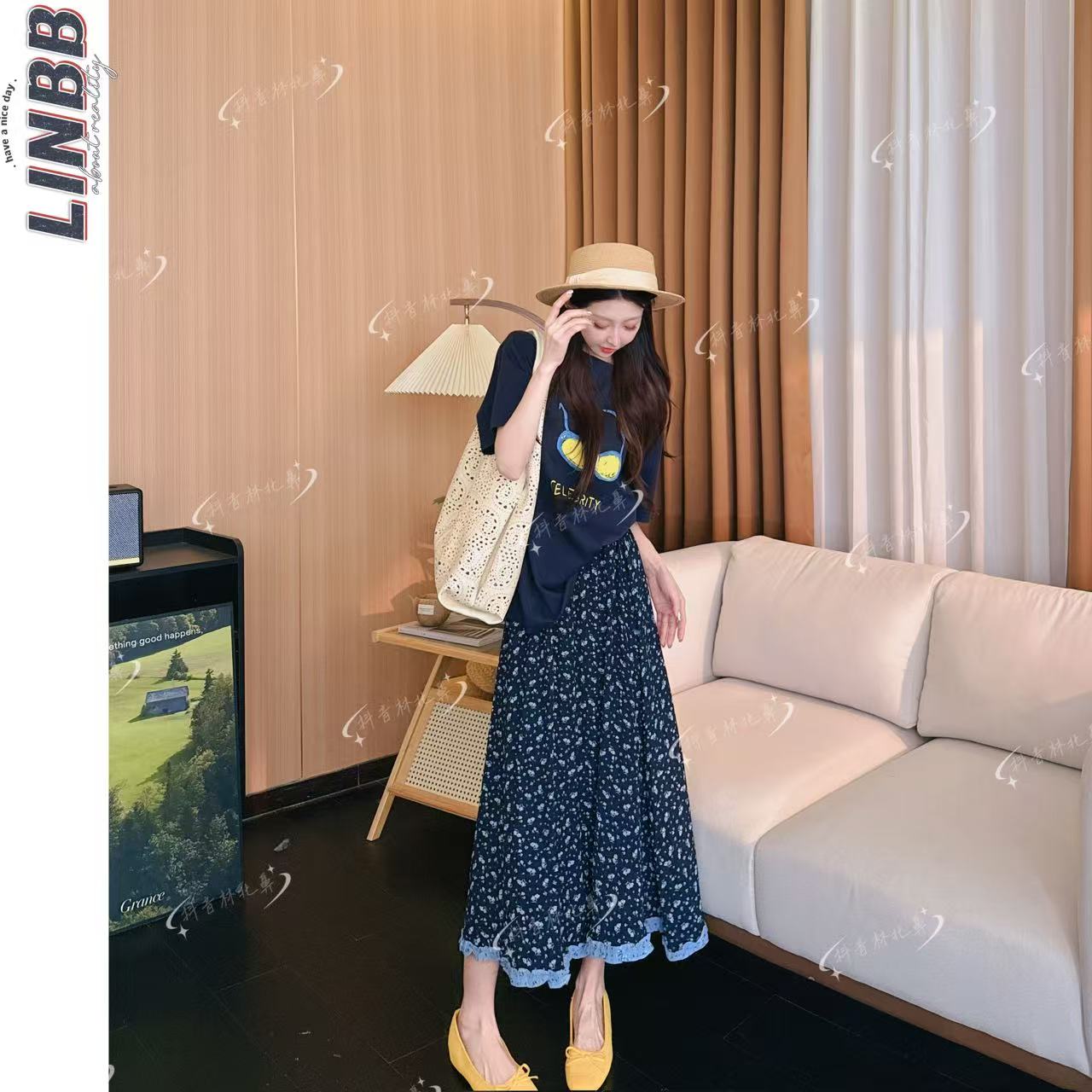 林北鼻-【南风镜】韩单夏日棉感显白显瘦长裙T恤套装