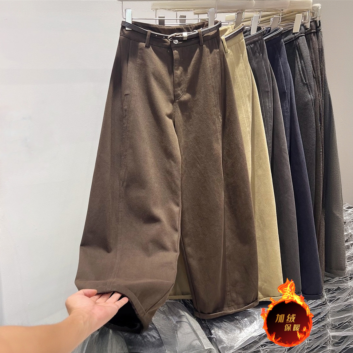 高腰卷边加绒加厚休闲直筒裤女2025冬季新款宽松显瘦保暖阔腿长裤