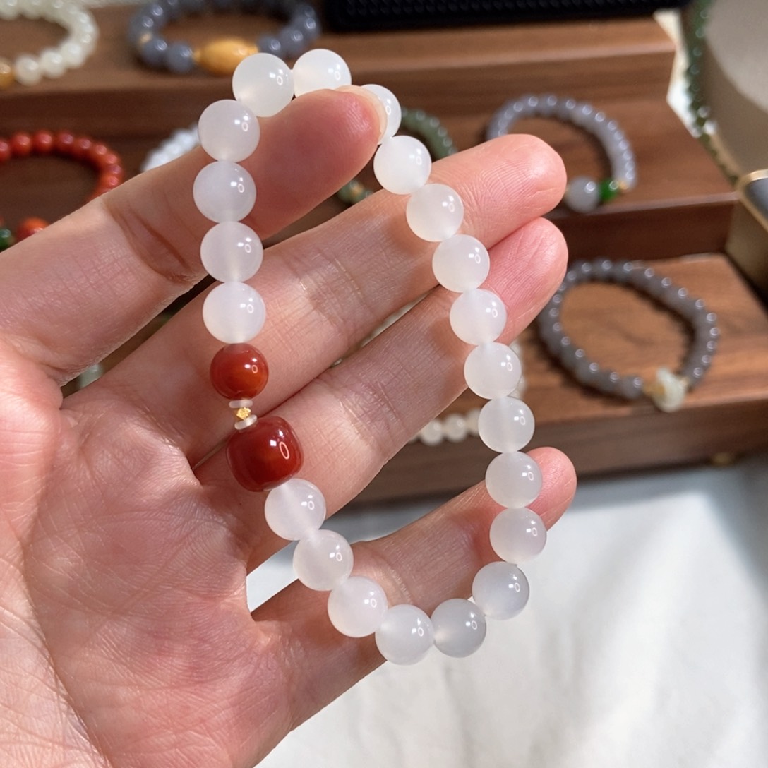 和田玉手链18K金镶嵌8mm白玉精品