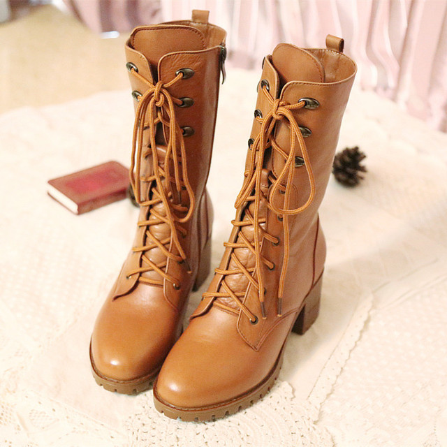 秋冬新款绑带马丁靴女英伦风中筒靴子女牛皮侧拉炼覆古机车靴加绒