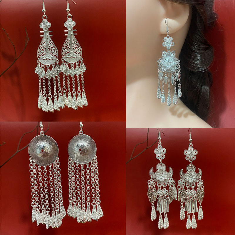 合金耳饰 网红款牛角花琵琶耳环复古民族风耳坠长款流苏苗族耳环