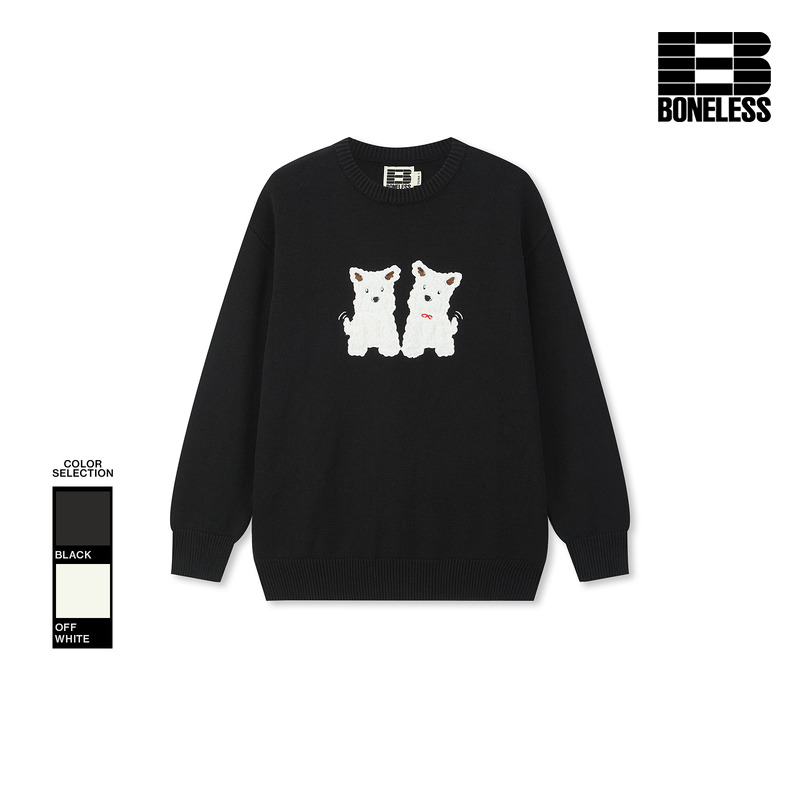 BONELESS毛绒西高地贴布绣圆领毛衣秋冬保暖宽松套头情侣针织衫潮