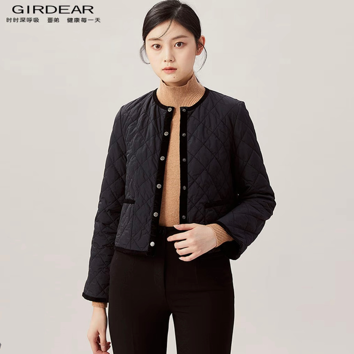 GIRDEAR/哥弟千金小香风圆领萎格棉服长袖单排扣外套女1400512-G2