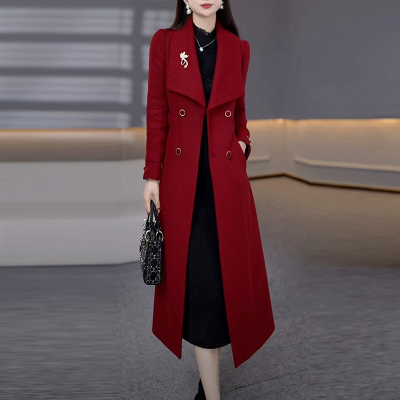 博莱精纺红色夹棉加厚大衣女2025秋冬季新款高级感中长款保暖外套