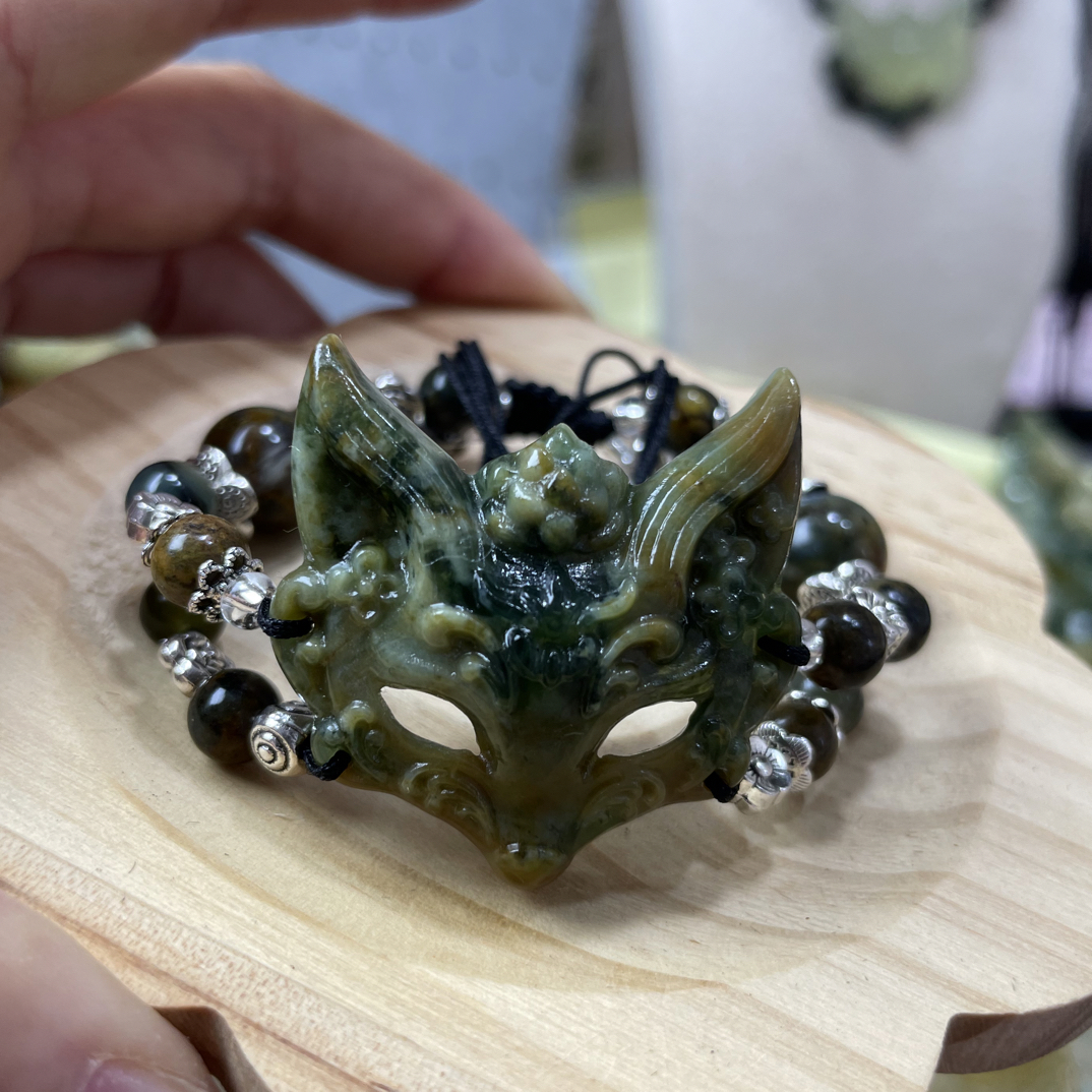 岫玉狐狸面具双排手牌手链小狐狸玉手镯