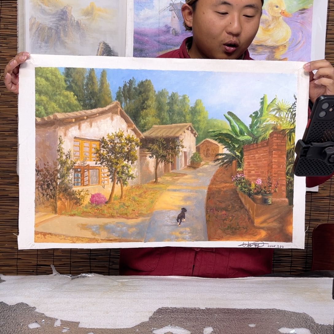 油画行路人小院绘画作品竞拍