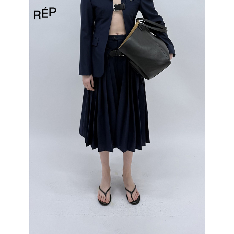 REP-BONBOM设计师品牌藏青褶皱长裙 25FW秋冬新款