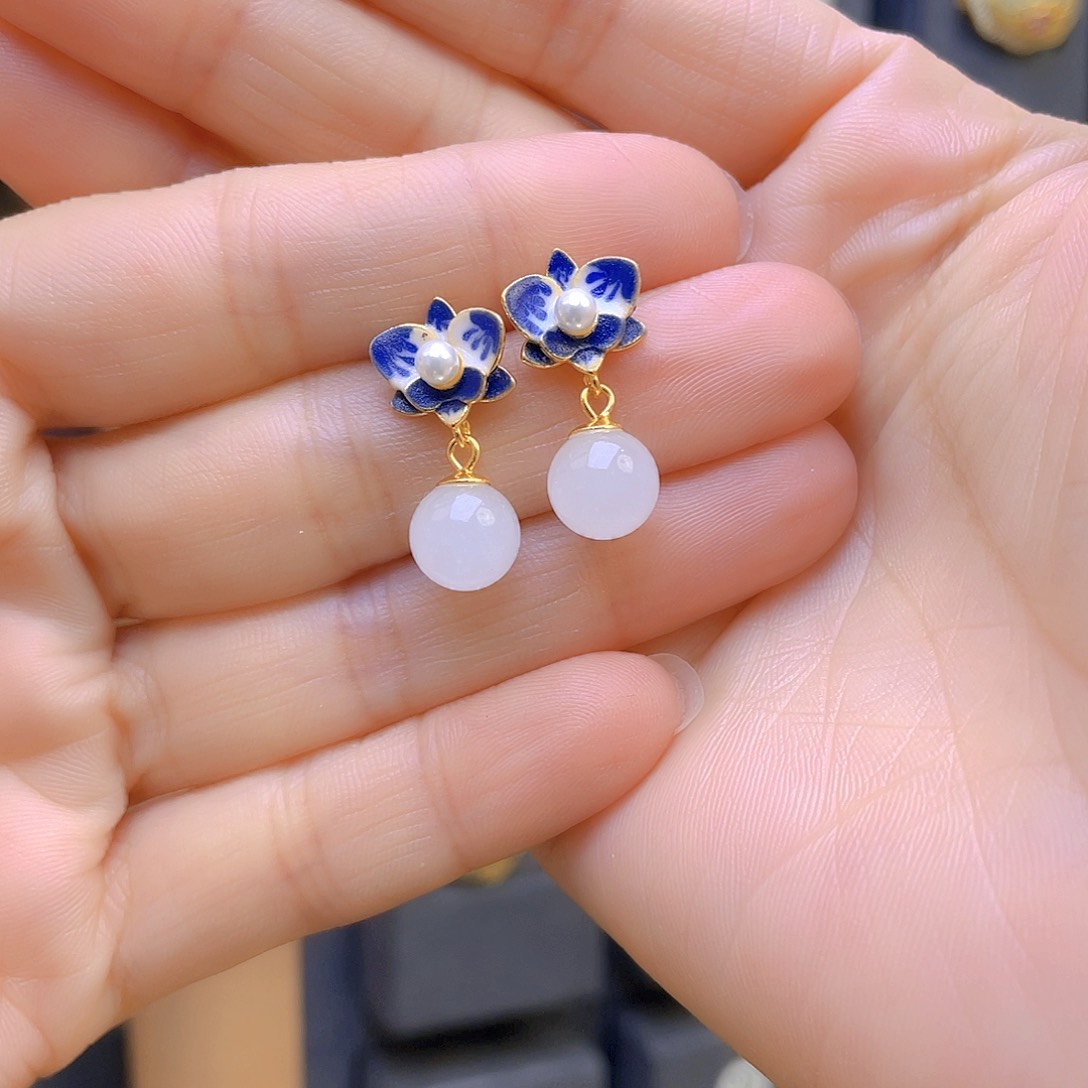 和田玉耳饰银S925镀金镶嵌