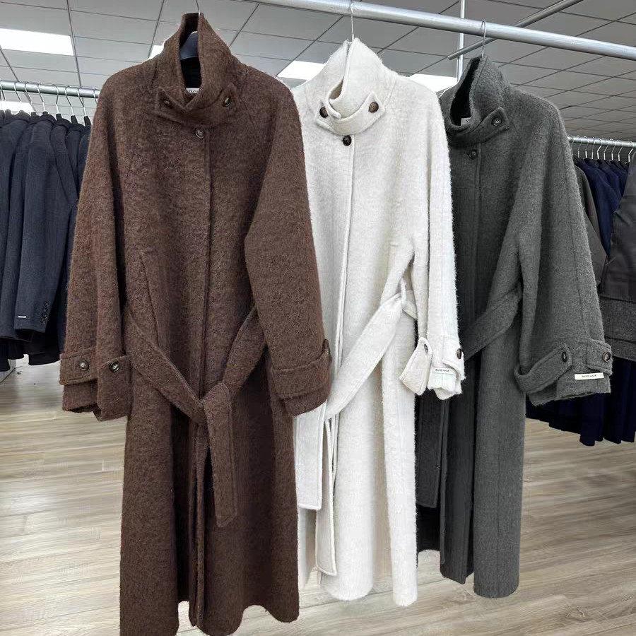 秋冬新款 韩系双面手缝羊驼大衣立领插肩袖加长款厚外套