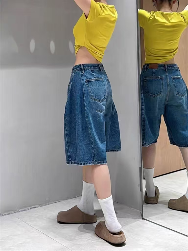 SU【601】代99 素素 阔腿夏季薄款气球裤蓝色高腰无弹五分灯笼裤~