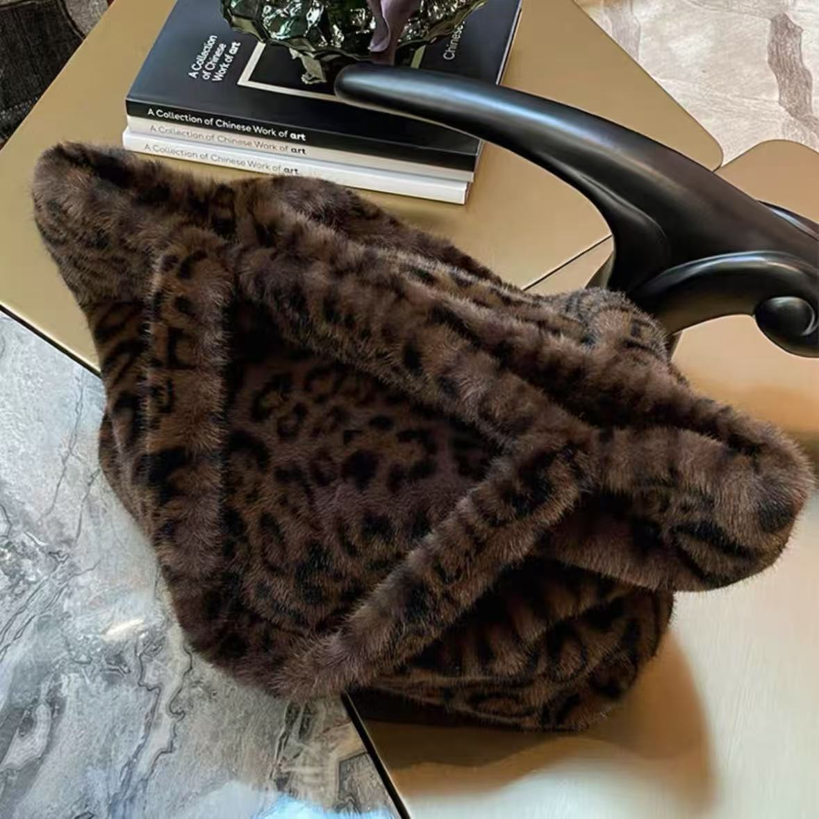 （毛绒豹纹包）复古大容量30*35左右单肩包