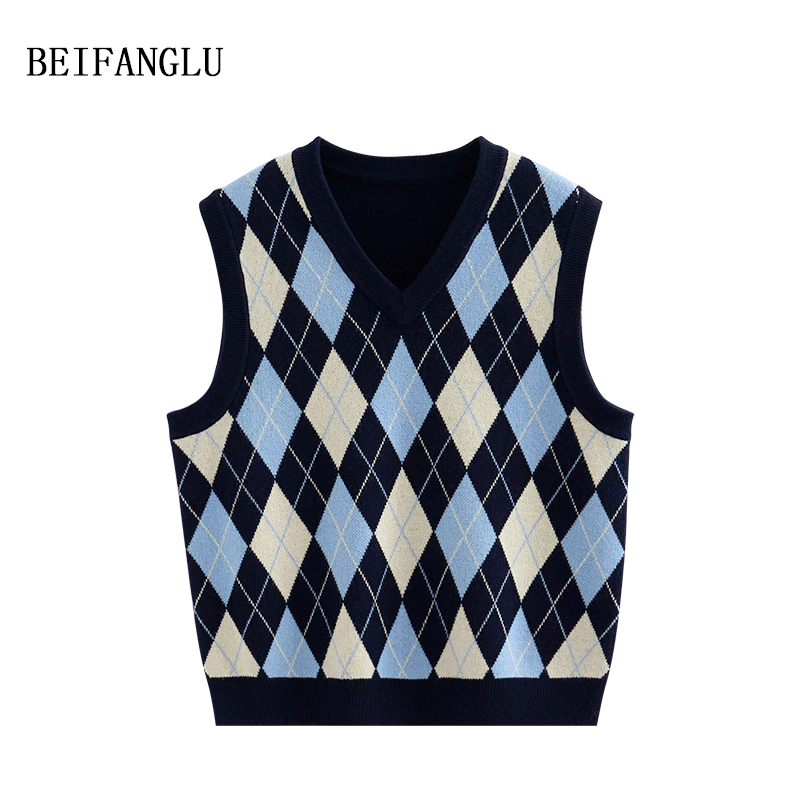 北方鹿 秋冬新款菱格v领撞色无袖百搭休闲马甲女6295