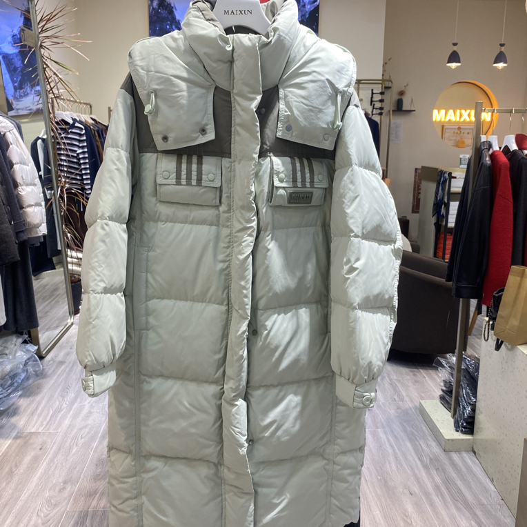 麦寻冬季新款螺旋藻绿色长款连帽清新羽绒服yrllq009