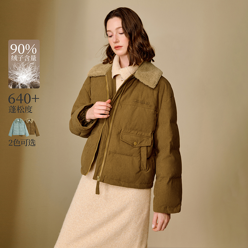 【流光风穿搭】茵曼25冬季休闲羊羔毛大翻领灯芯绒羽绒服短款外套