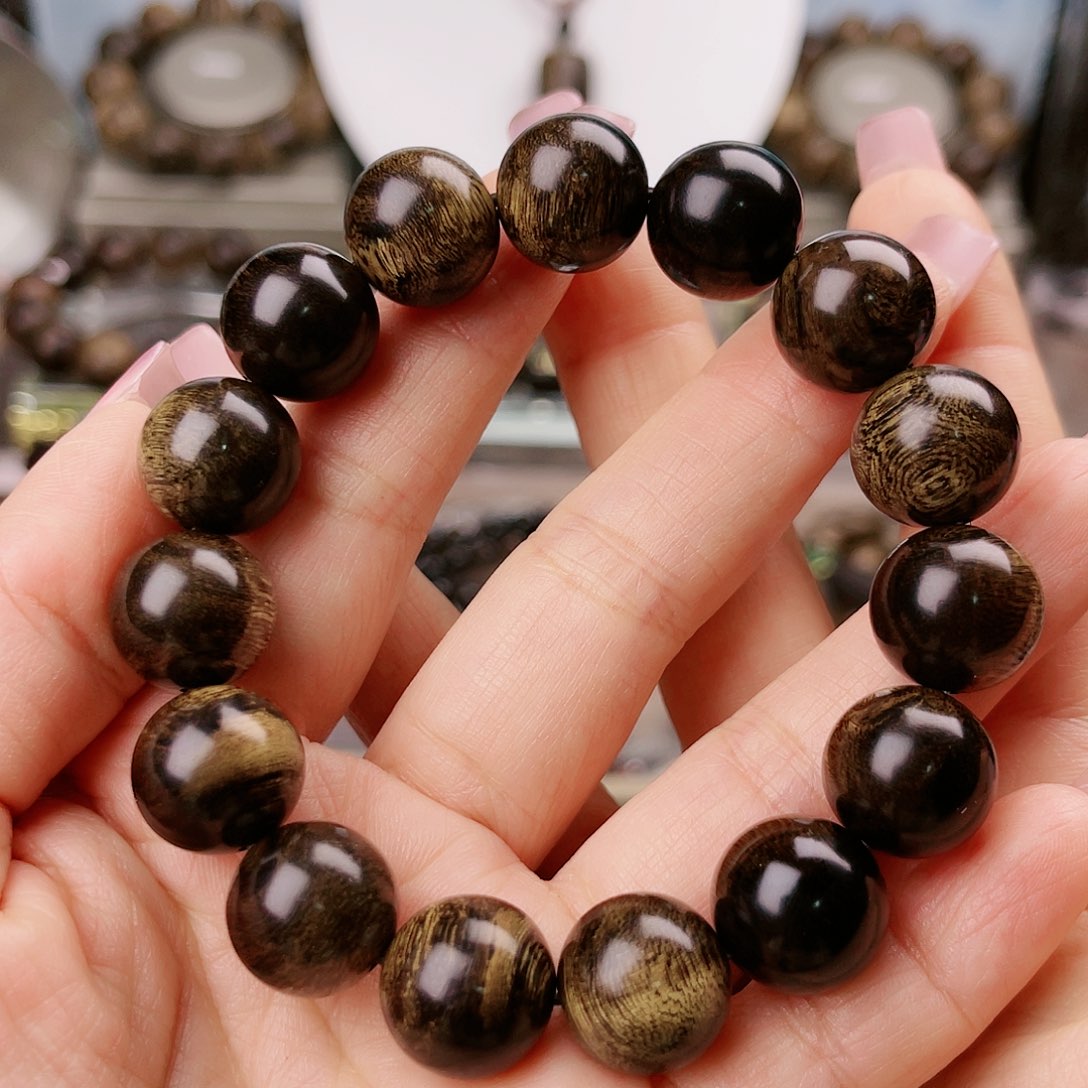 沉香手串李*帝王紫棋玉化老料满樱子瘤疤虎斑纹