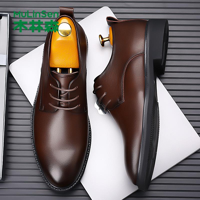 木林森夏季复古真皮皮鞋男款2025新款英伦风商务正装尖头德比鞋子
