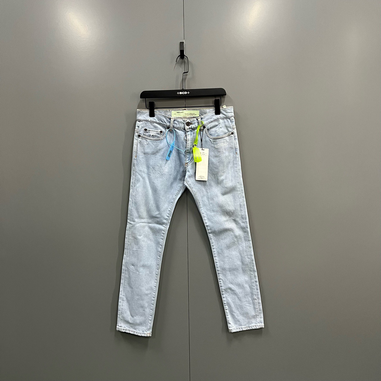 95新 OFF-WHITE (ll) ow 蓝色警戒线牛仔裤 30码