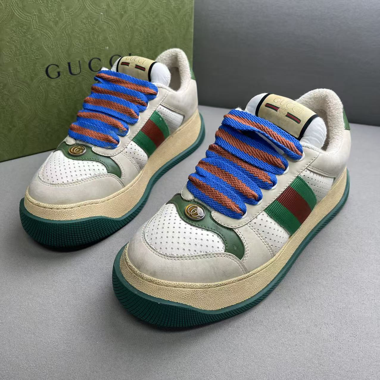 99新 GUCCI/古驰 灰绿色做脏做旧时尚百搭厚底脏脏鞋 38.5码