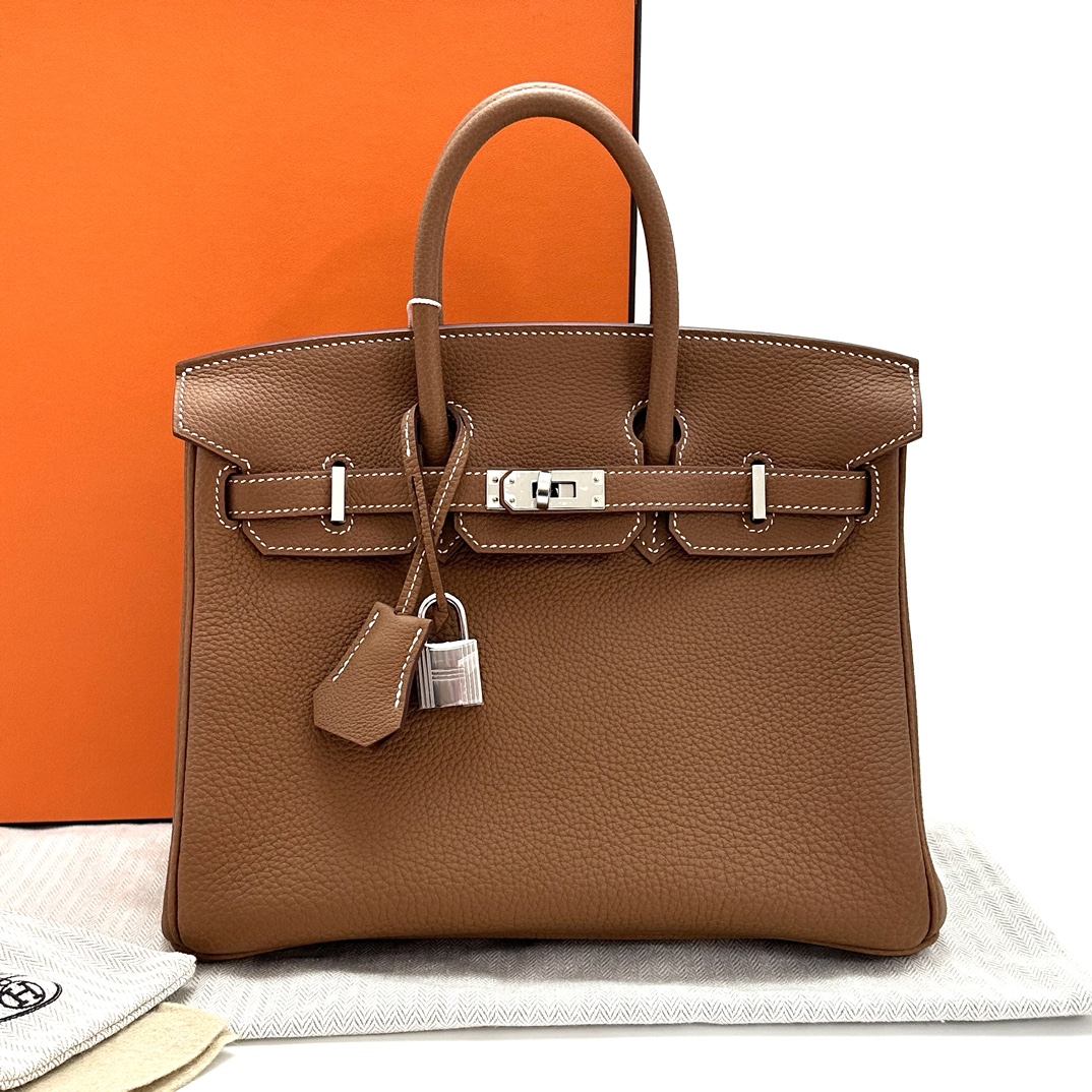99新 Hermes/爱马仕 金棕银扣Birkin25手提包 66367