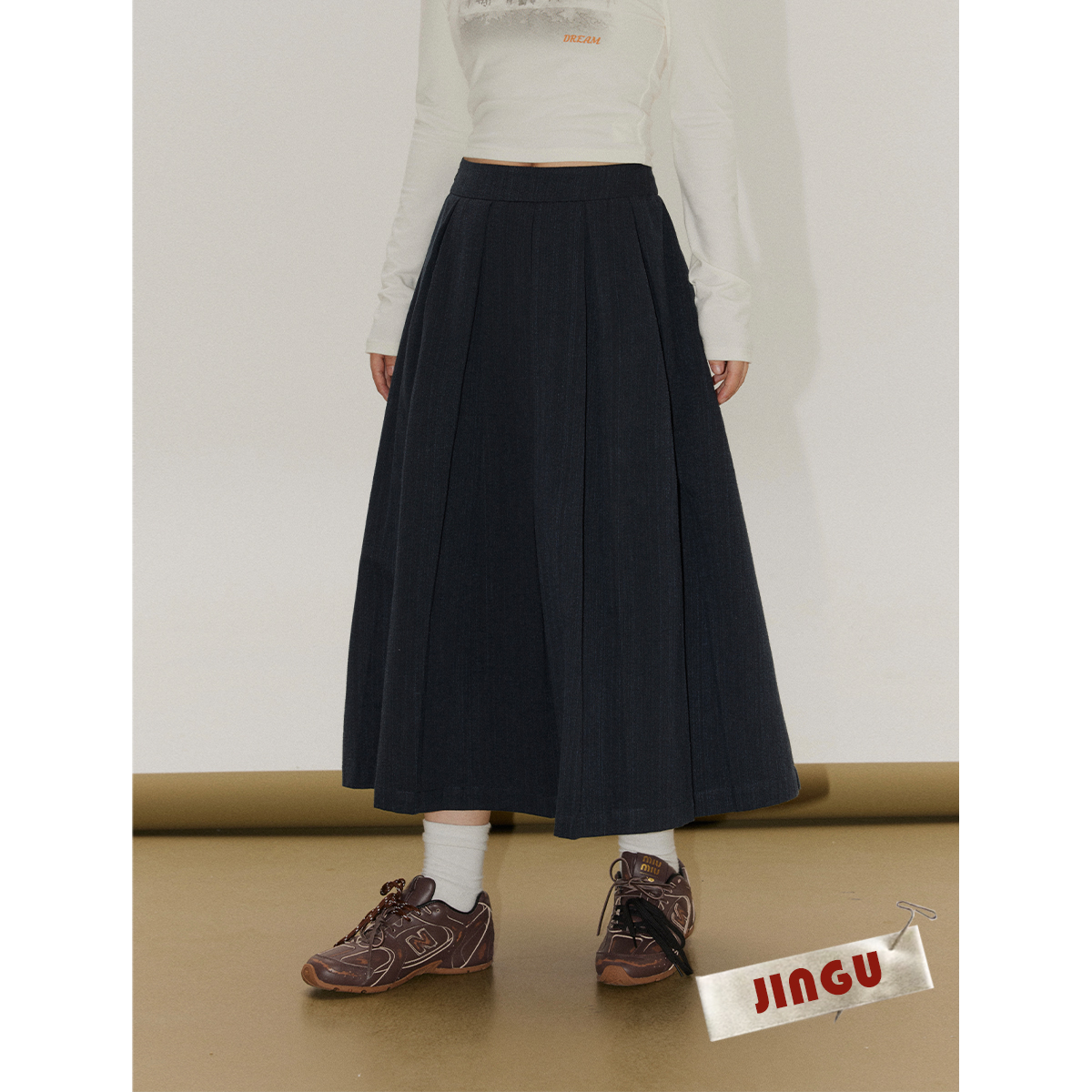 晶咕白标~比例修改器~中长款豹纹百褶半身裙秋冬新款高腰大码伞裙