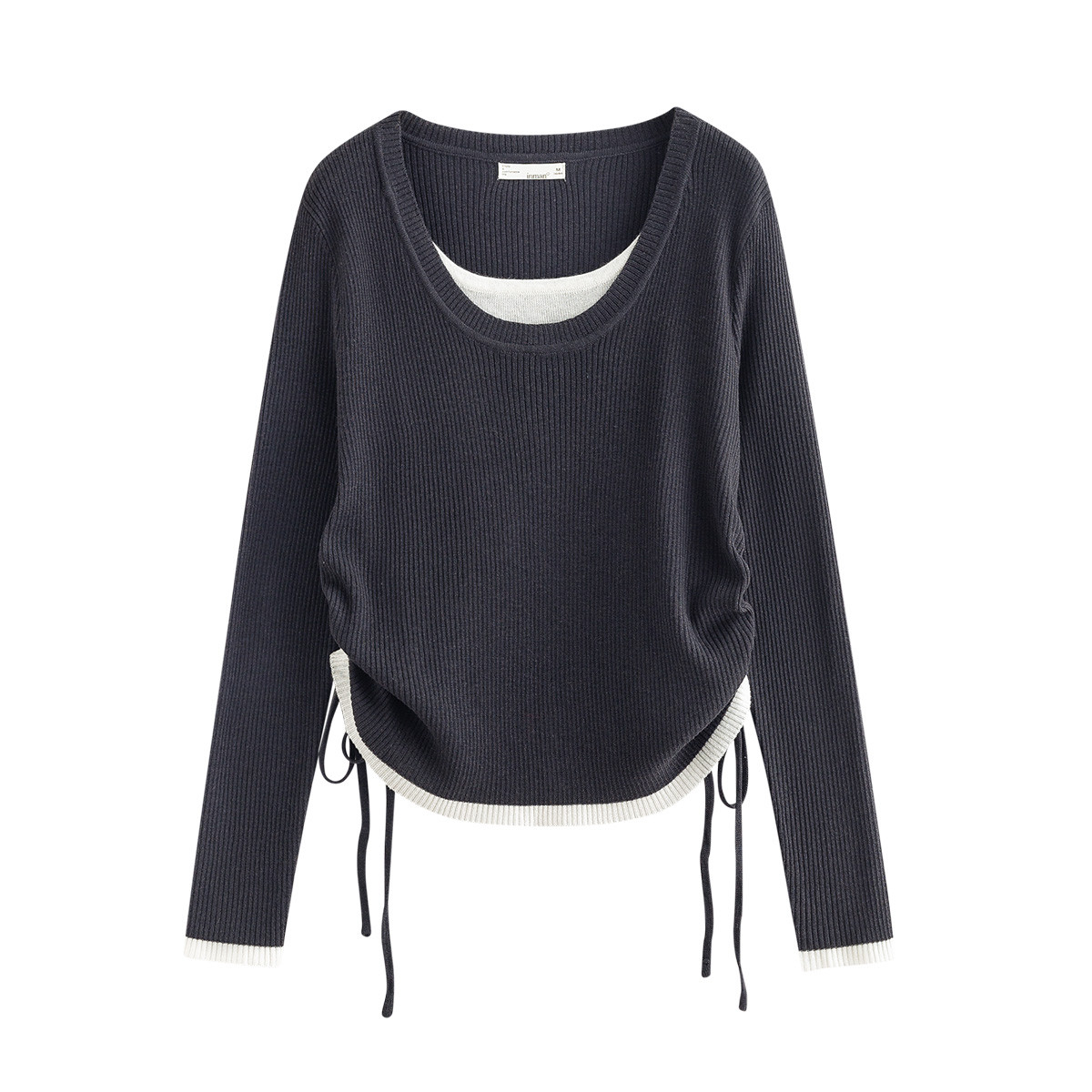 茵曼含羊毛撞色U型领假两件针织衫女2025秋季时尚抽绳打底衫