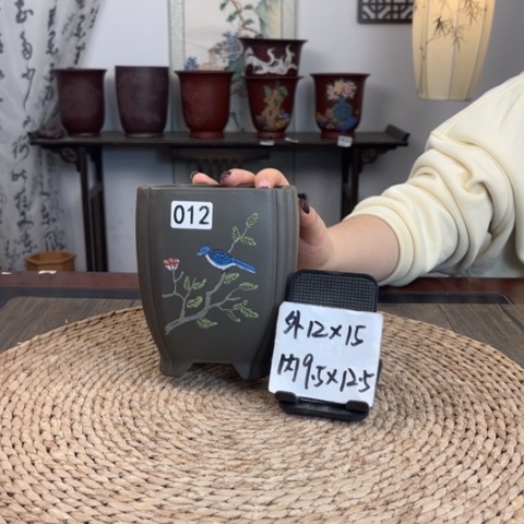 紫砂花盆纯料墨绿梅花角手绘012