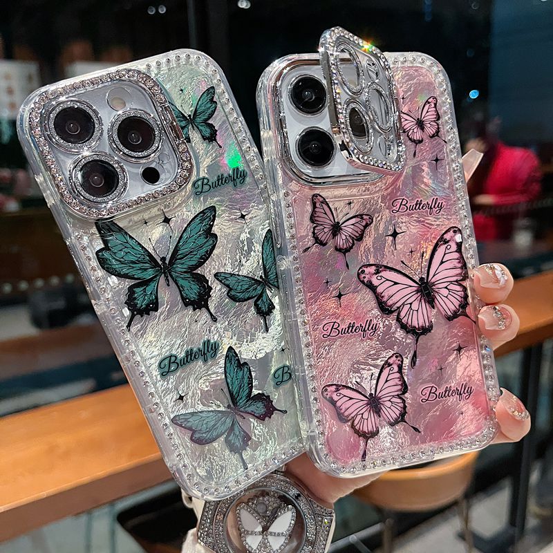 适用苹果系列iPhone16新款手机壳优雅粉红蝴蝶全包镜头膜钻框支架