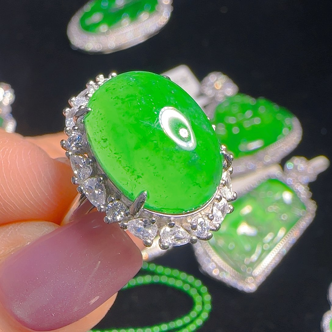 翡翠戒指银S925镶嵌天然