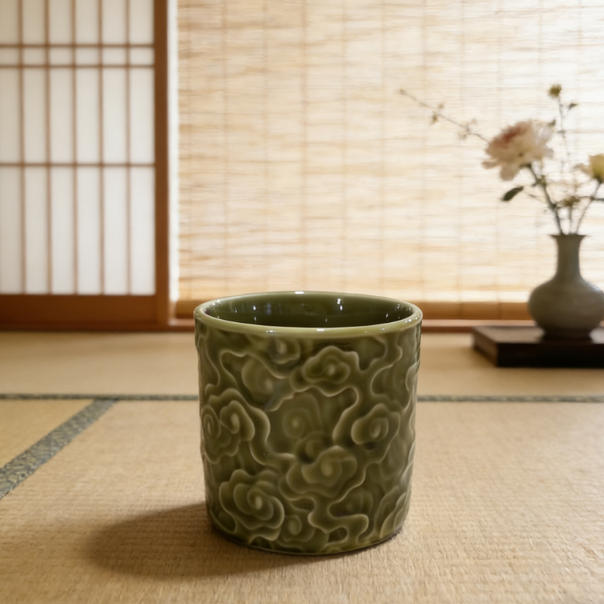 TJ279-青瓷米黄祥云扳指杯新中式青瓷祥云品茗茶杯茶具主人杯