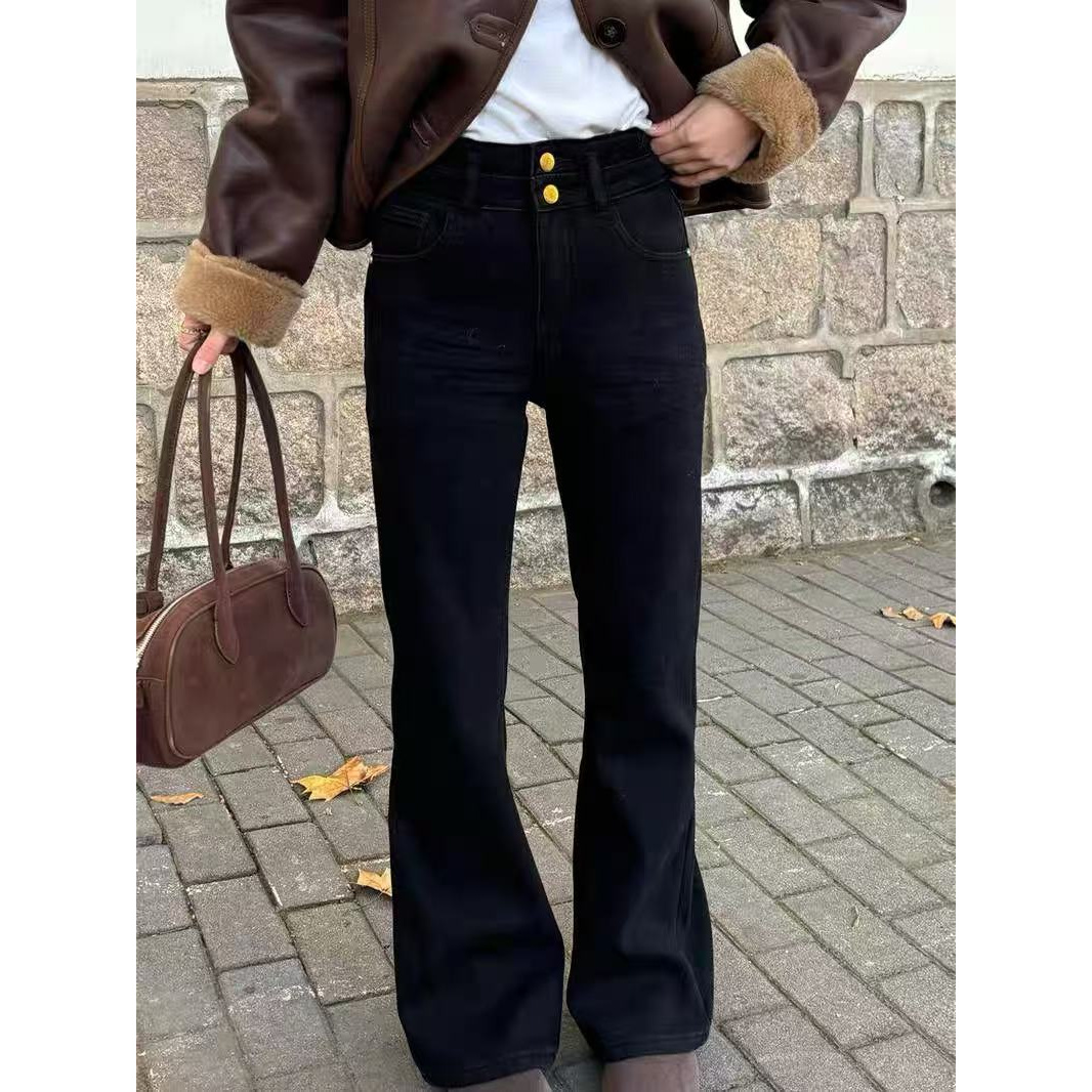 /喇叭小黑裤/高腰厚款显瘦牛仔裤百搭弹力微喇裤HZ01