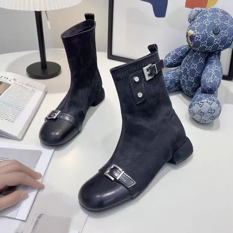 大码真皮弹力靴女秋季新款高筒靴厚底增高显瘦后拉链欧美风瘦瘦靴