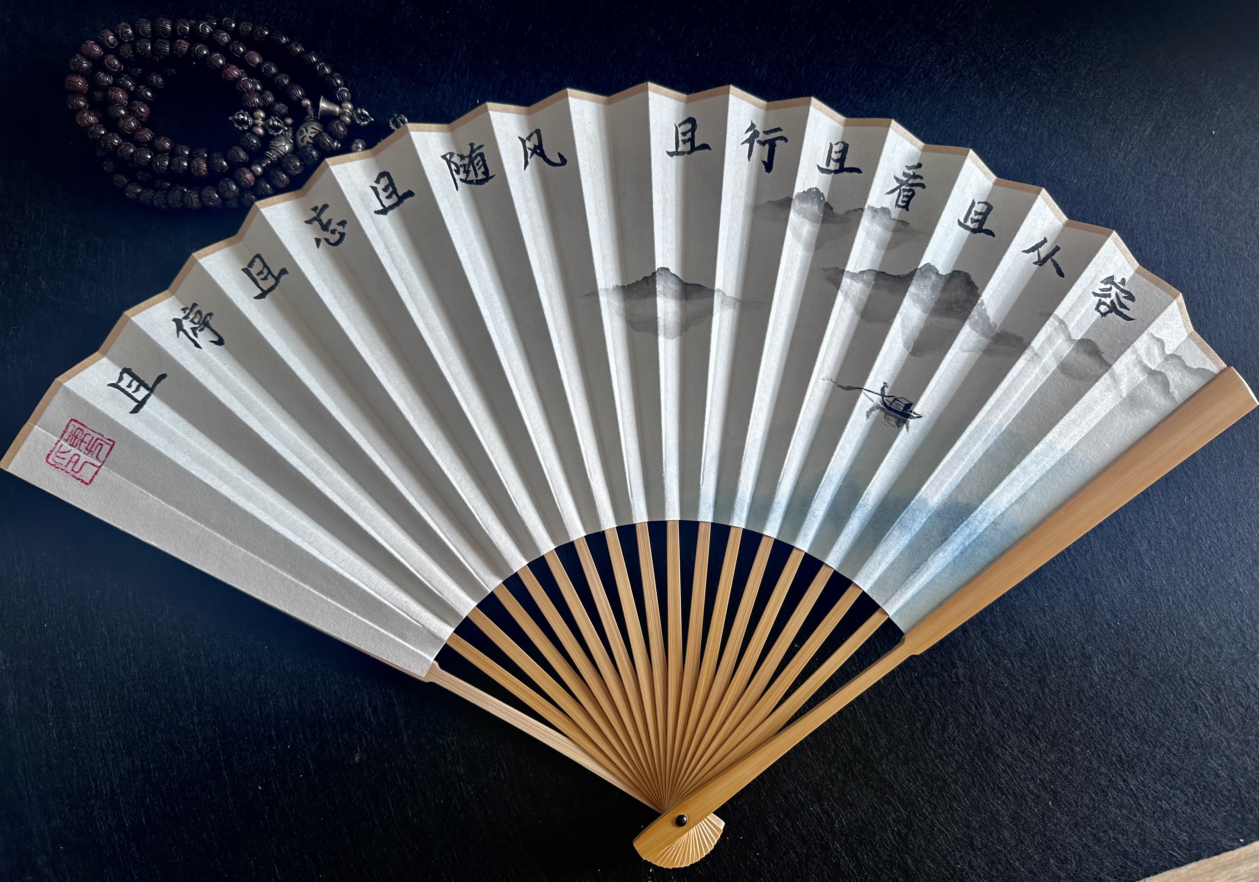 《一两风》手绘 水磨玉竹折扇 95寸18方2.0排口