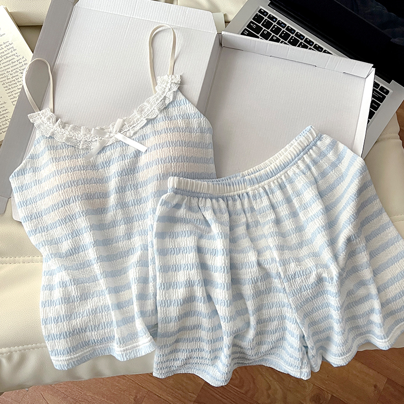  夏季新款浅蓝条纹吊带睡衣套装纯欲软糯带胸垫蝴蝶结女款家居服