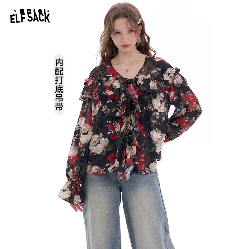 妖精的口袋 巴黎野玫瑰 法式荷叶边V领雪纺衫2025早春新款气质