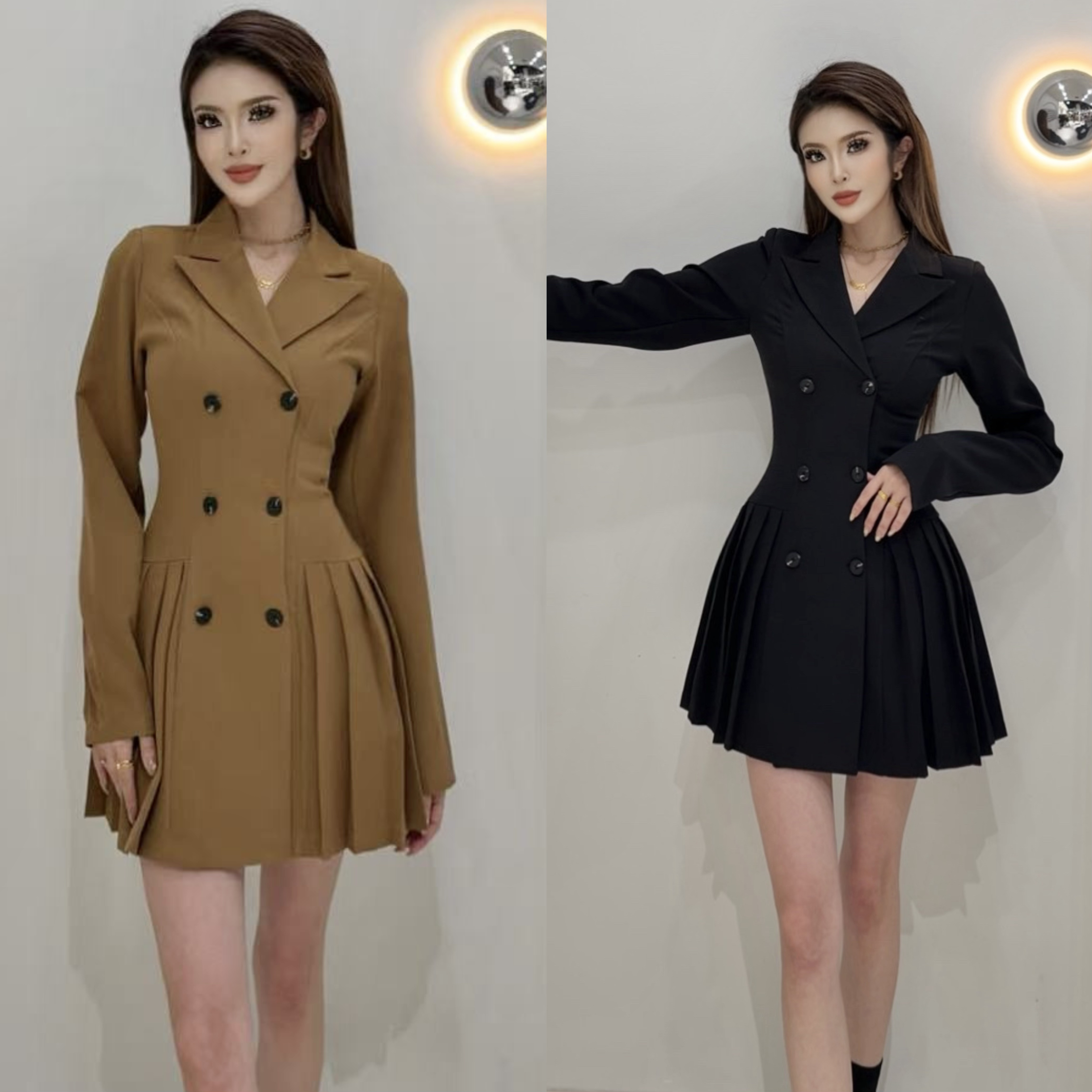 GIFLONA显瘦百褶西装中短裙收腰连衣裙女