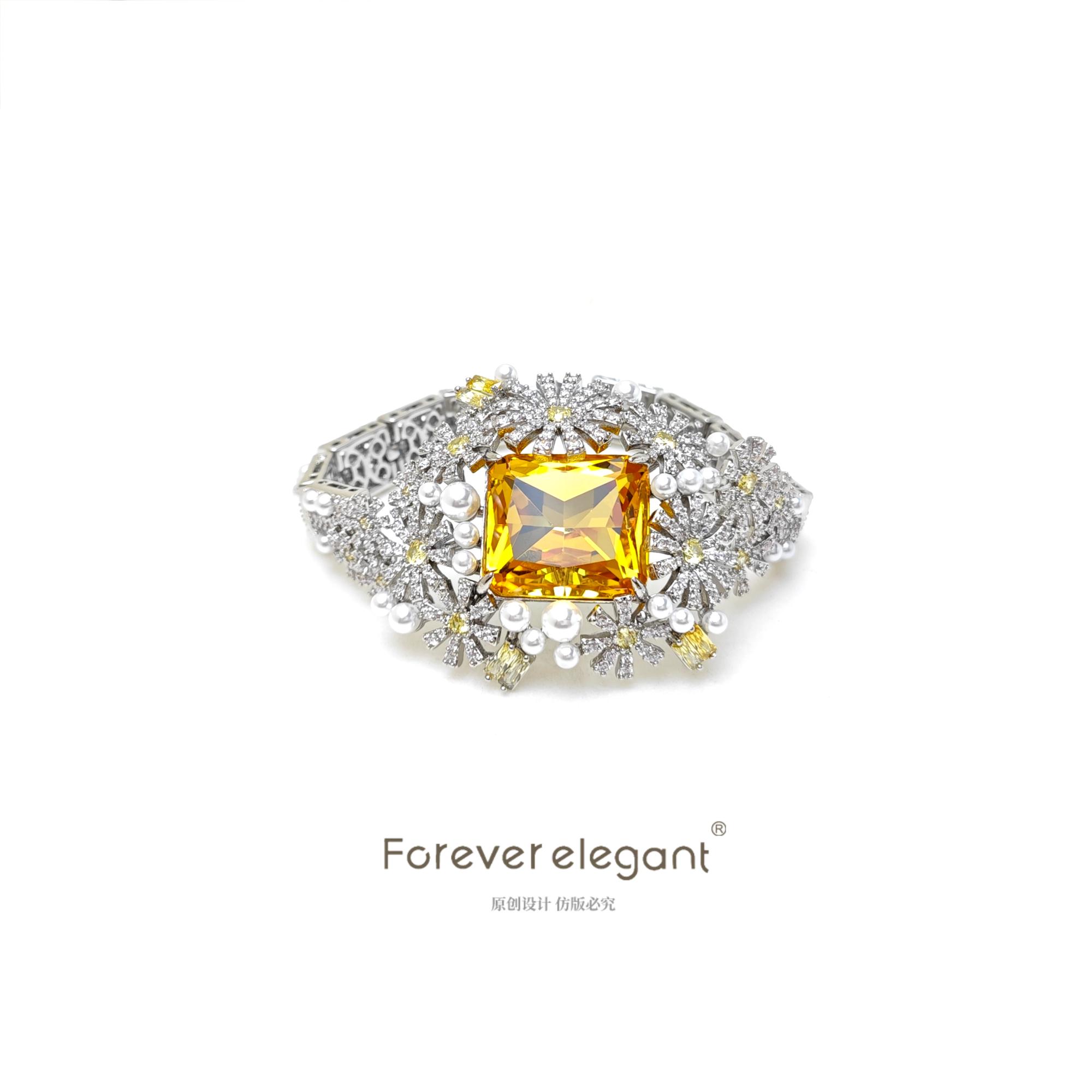 铜合金仿珍珠手链 奢华黄色时尚设计师原创高级感手链-午间的花园