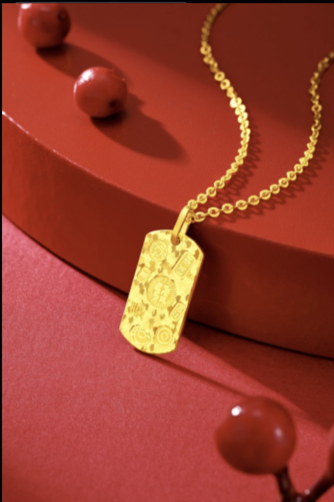 Chow Tai Seng/周大生足金吉言发财符小金牌碎碎冰吊坠新年礼物