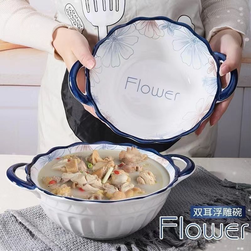 【超值推荐】创意高颜值10英寸双耳汤碗家用家庭拉面碗挂耳碗陶瓷Y