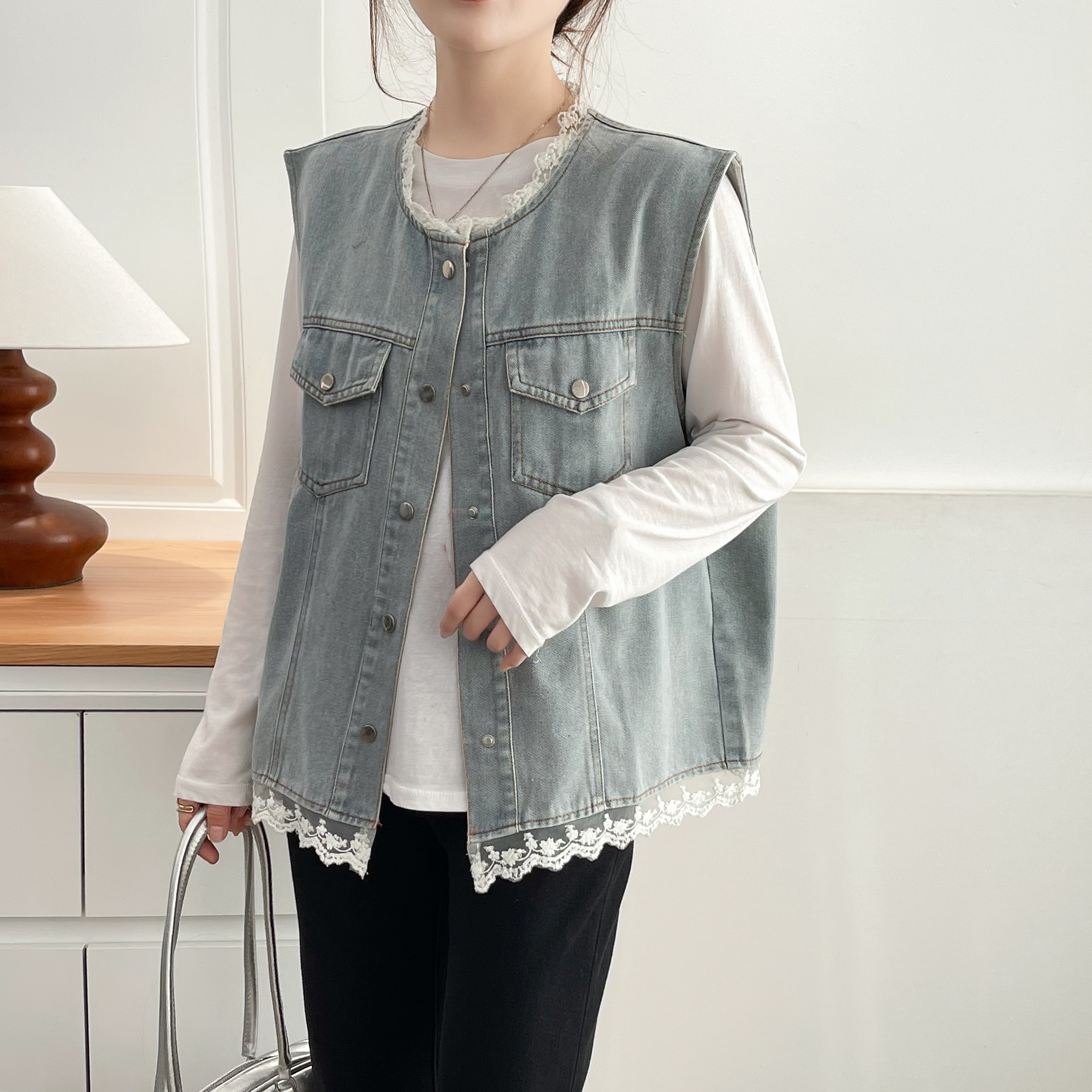 120-200斤大码女装减龄蕾丝花边韩版时尚水洗牛仔马甲马夹上衣秋